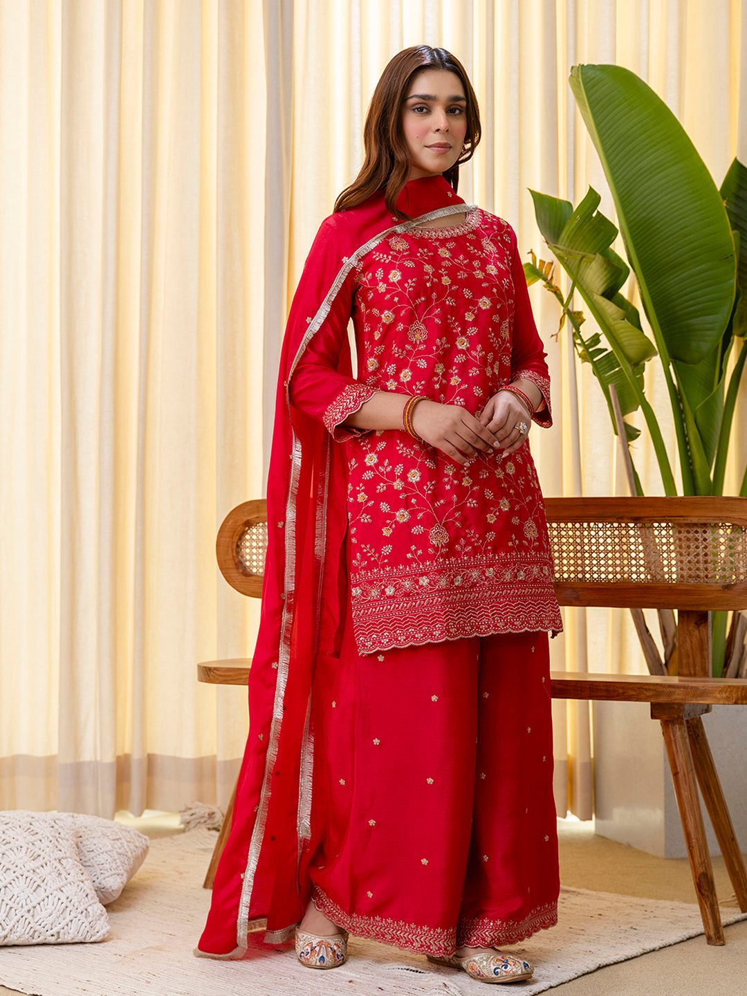 Elara Women’s Rani Festive Embroidered Straight Kurta Pant and Dupatta Set