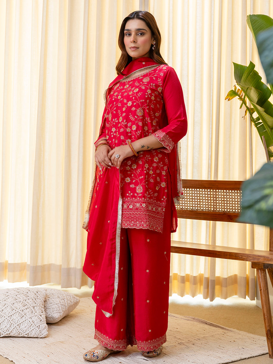 Rani Pink Silk Blend Embroidered with Sequins Straight Kurta Palazzo Dupatta Set