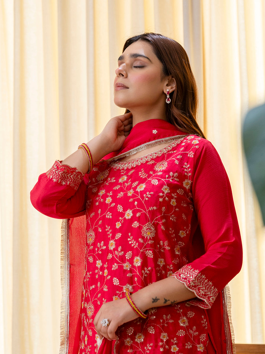 Elara Women’s Rani Festive Embroidered Straight Kurta Pant and Dupatta Set
