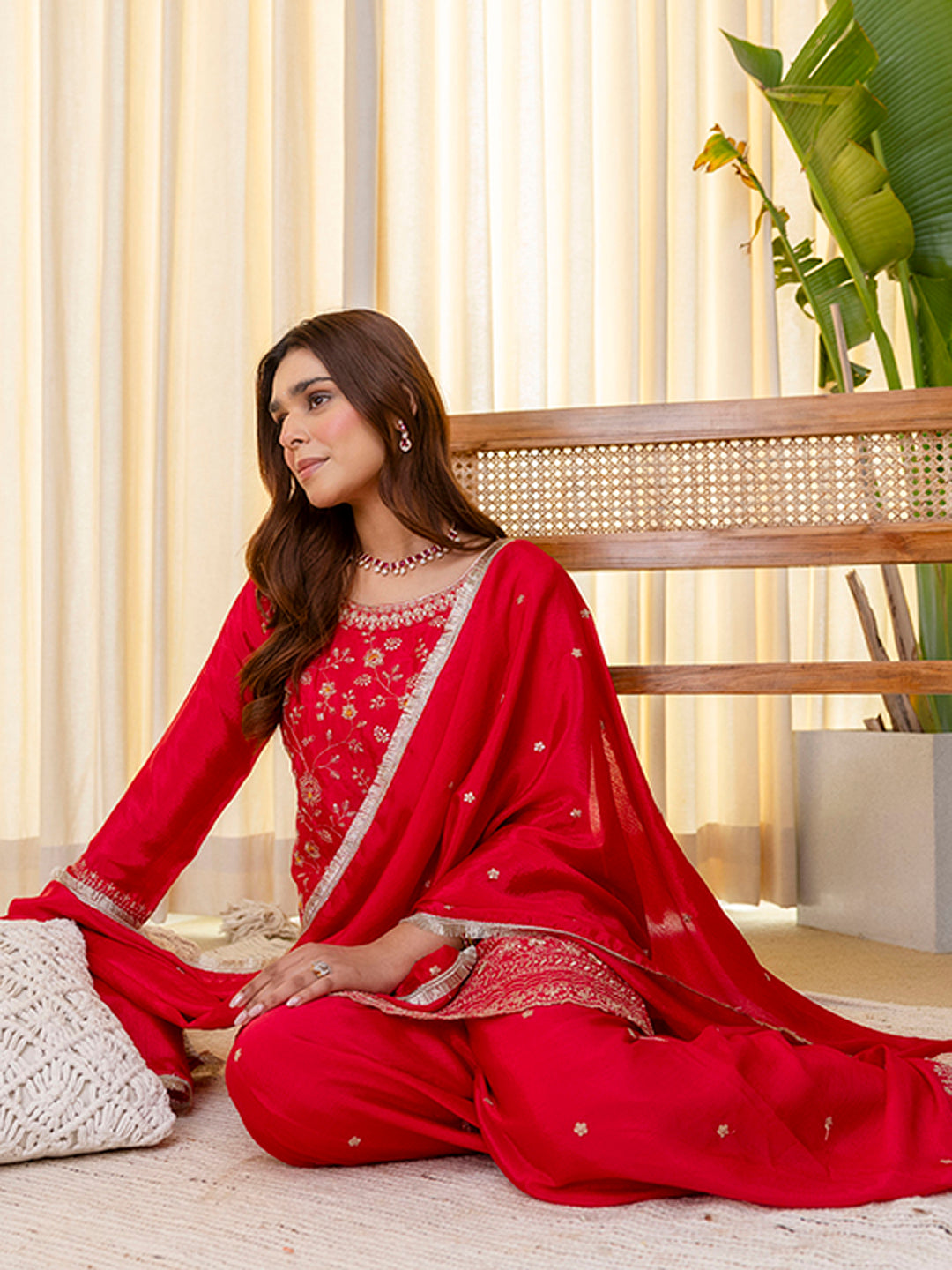 Rani Pink Silk Blend Embroidered with Sequins Straight Kurta Palazzo Dupatta Set