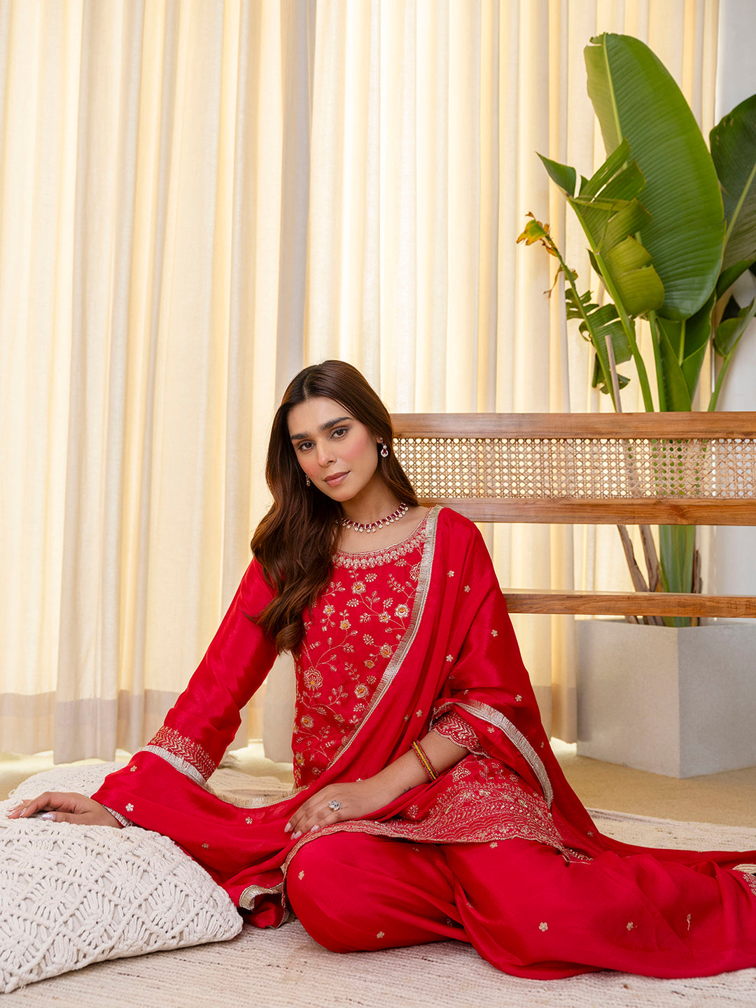 Elara Women’s Rani Festive Embroidered Straight Kurta Pant and Dupatta Set