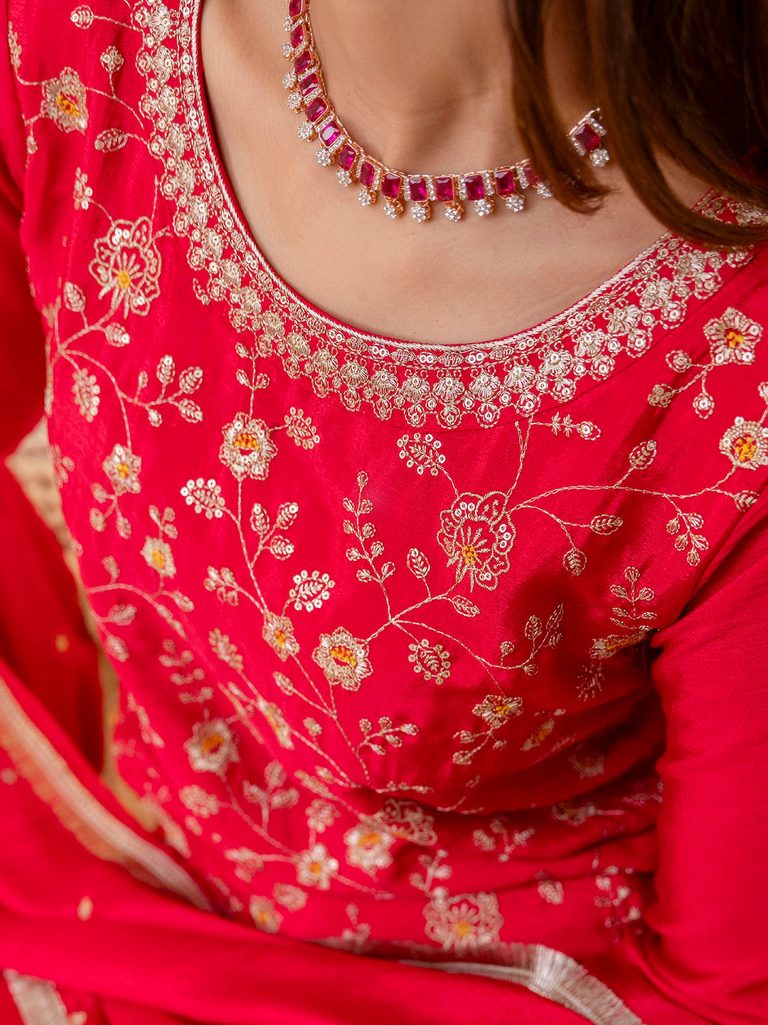 Rani Pink Silk Blend Embroidered with Sequins Straight Kurta Palazzo Dupatta Set