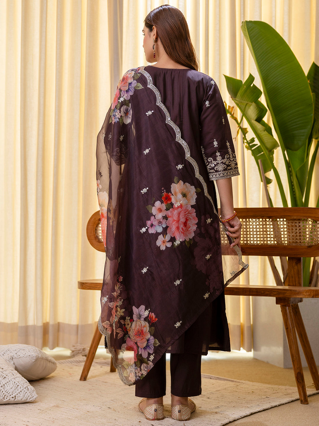 Vireya Coffee Embroidred Kurta Sets with Sequins Work Women Suits