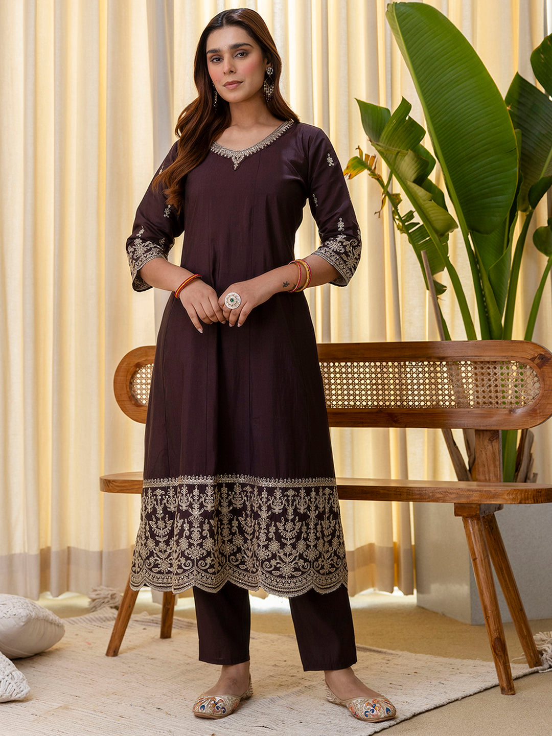 Diya Women's Coffee Brown Festive Kurta Pant Set with Scalloped Floral Dupatta