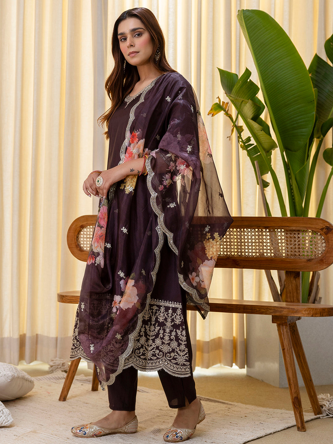 Diya Women's Coffee Brown Festive Kurta Pant Set with Scalloped Floral Dupatta