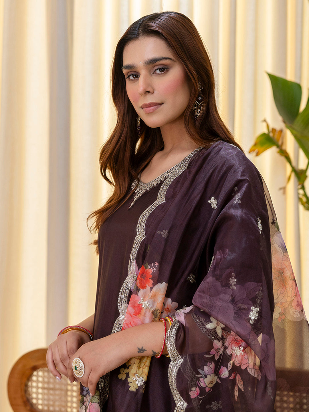 Vireya Coffee Embroidred Kurta Sets with Sequins Work Women Suits