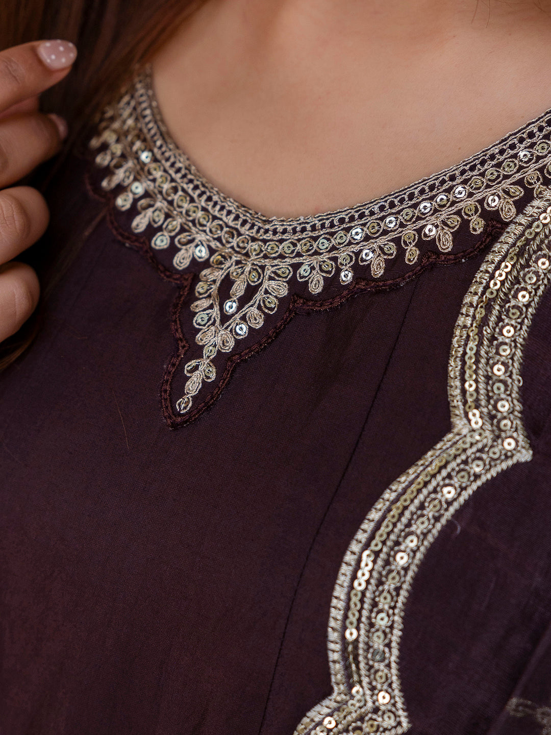 Vireya Coffee Embroidred Kurta Sets with Sequins Work Women Suits