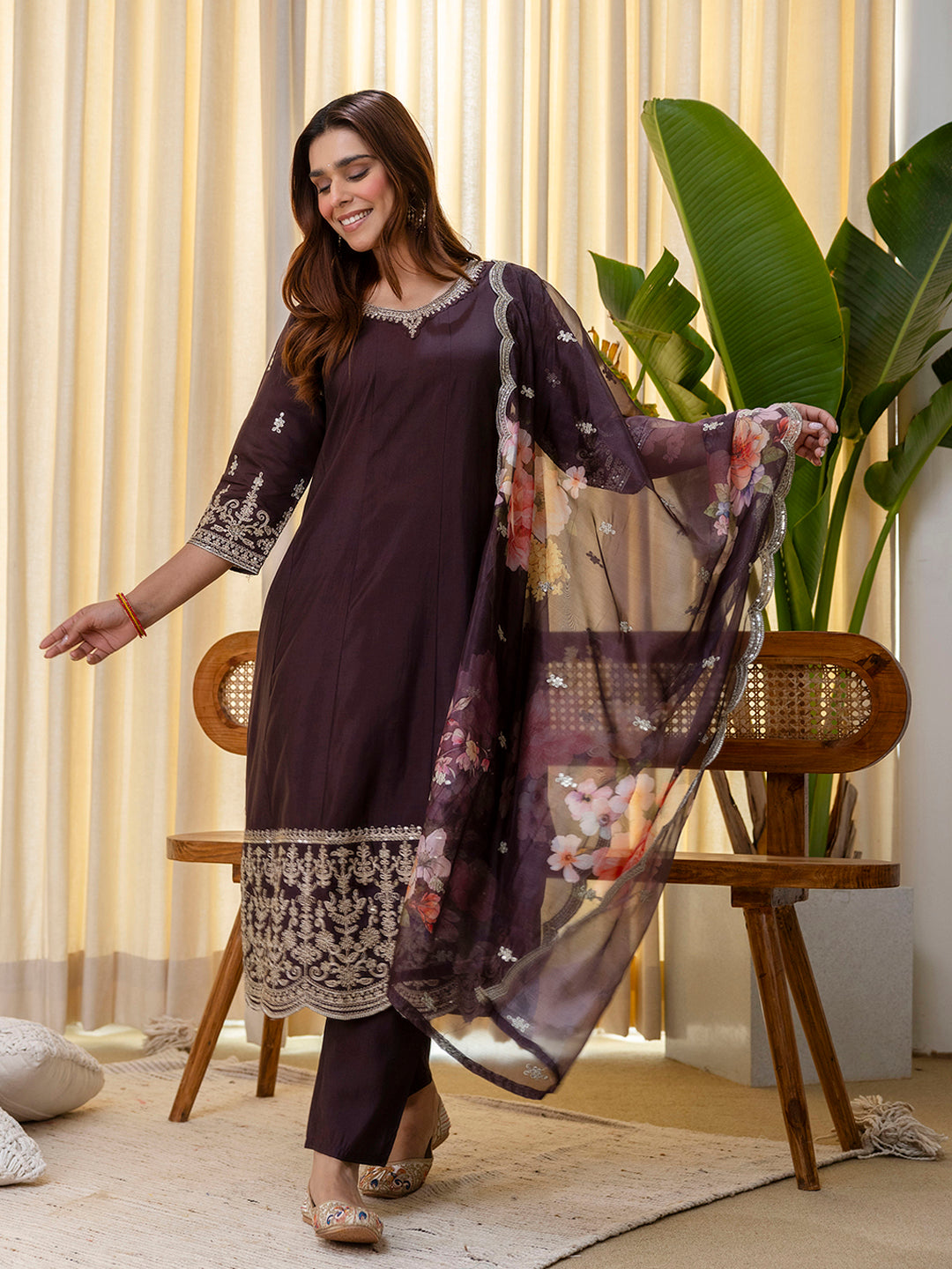 Diya Women's Coffee Brown Festive Kurta Pant Set with Scalloped Floral Dupatta