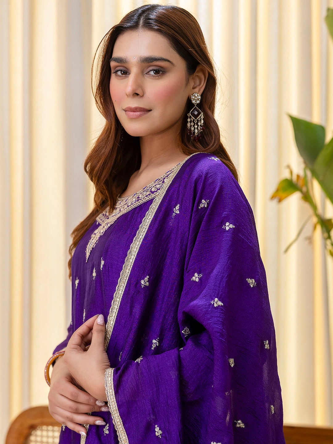Aura Women’s Purple Festive Embroidered Yoke Straight Kurta Pant Set with Dupatta