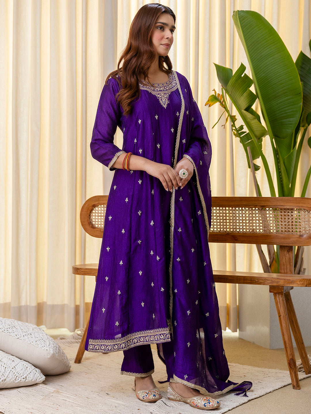Aura Women’s Purple Festive Embroidered Yoke Straight Kurta Pant Set with Dupatta