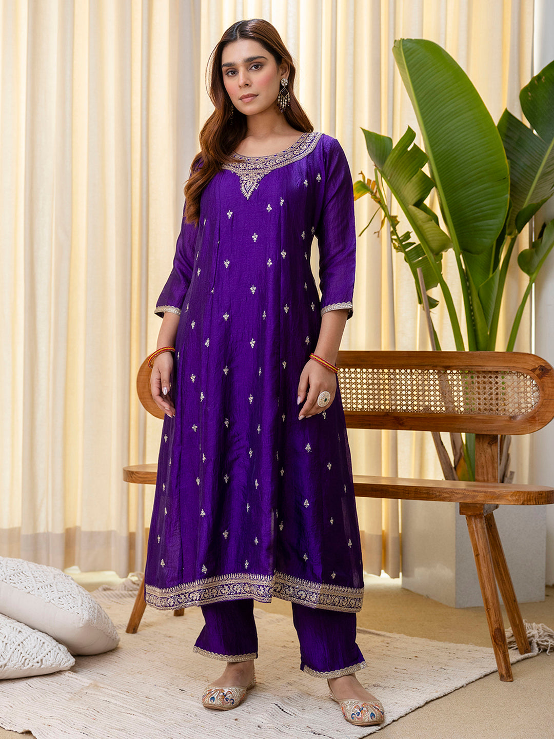 Aura Women’s Purple Festive Embroidered Yoke Straight Kurta Pant Set with Dupatta