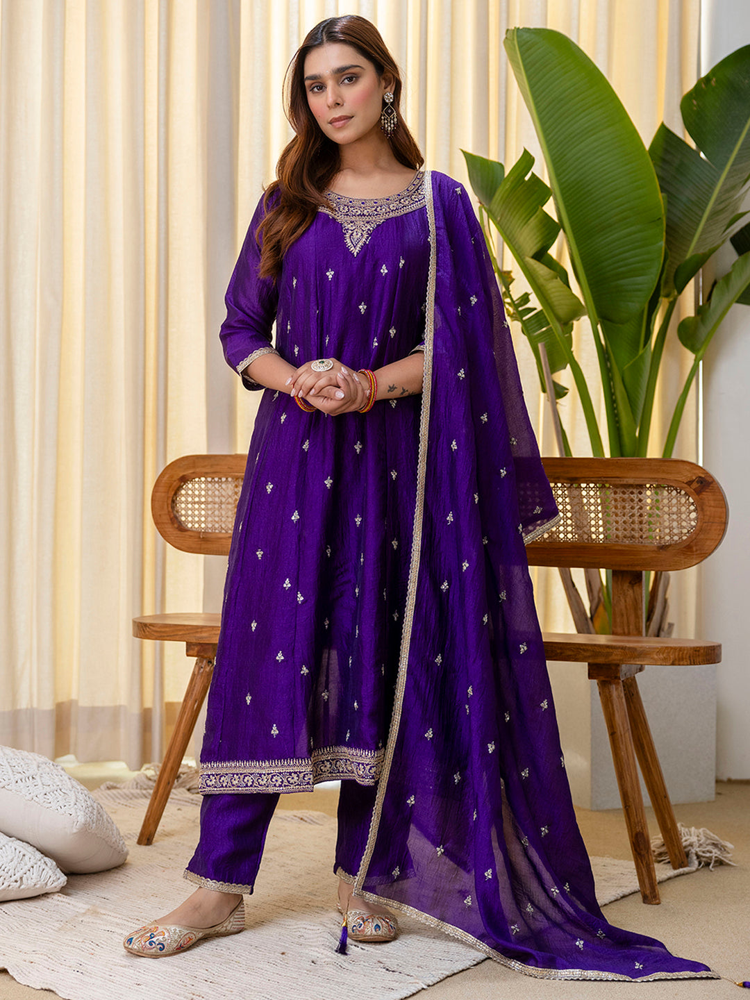 Aura Women’s Purple Festive Embroidered Yoke Straight Kurta Pant Set with Dupatta