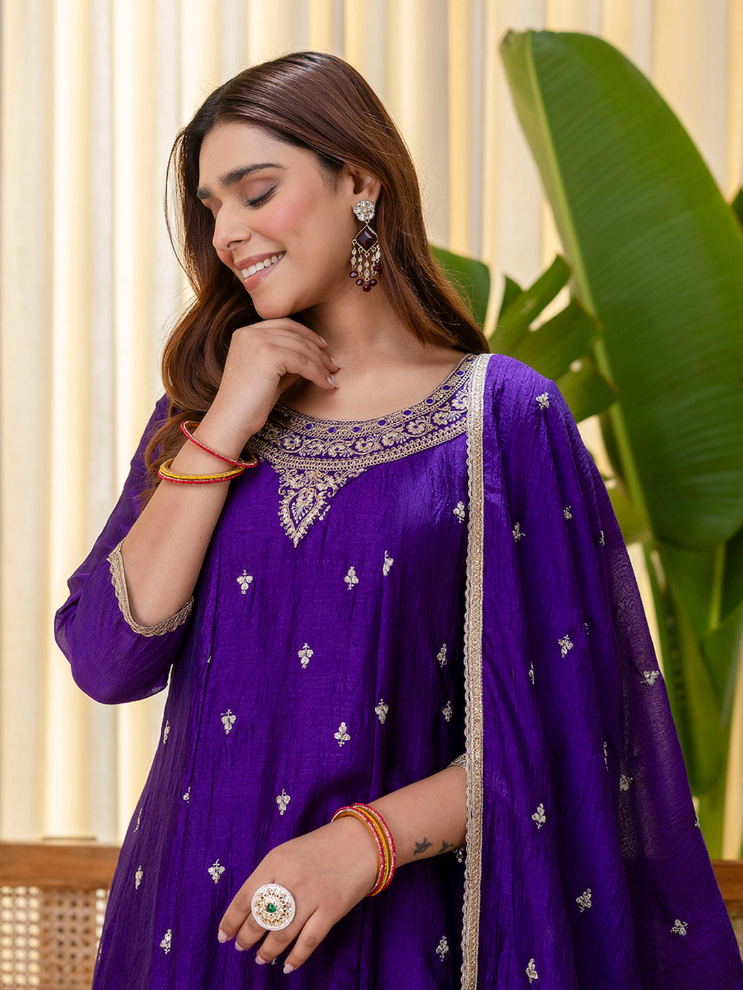 Aura Women’s Purple Festive Embroidered Yoke Straight Kurta Pant Set with Dupatta