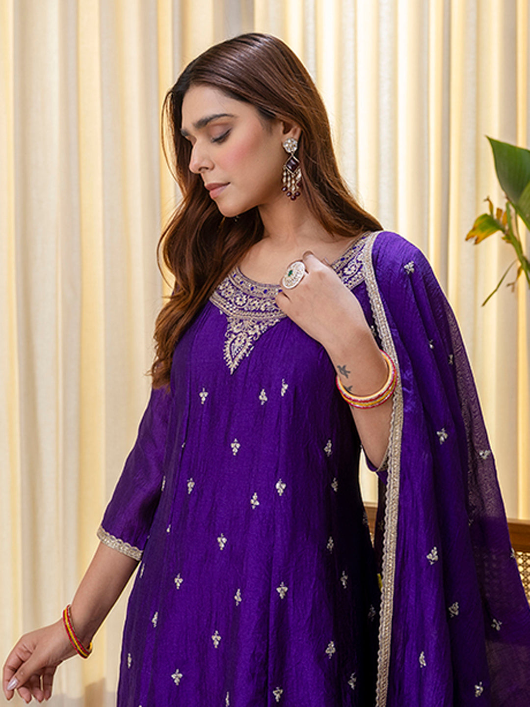 Aura Women’s Purple Festive Embroidered Yoke Straight Kurta Pant Set with Dupatta