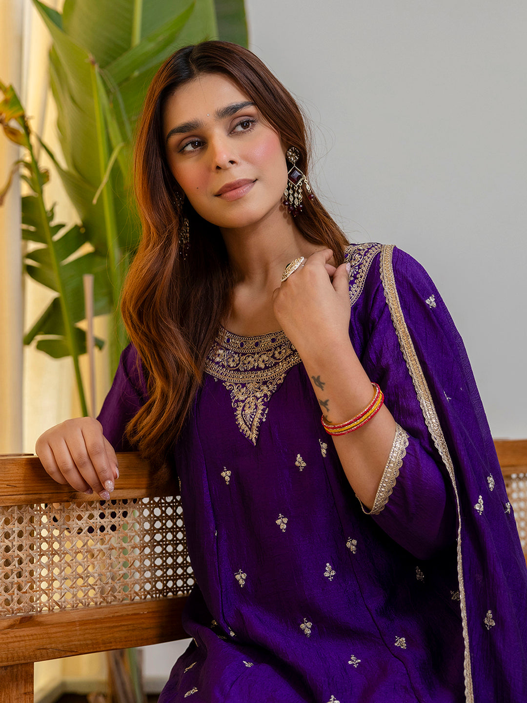 Aura Women’s Purple Festive Embroidered Yoke Straight Kurta Pant Set with Dupatta
