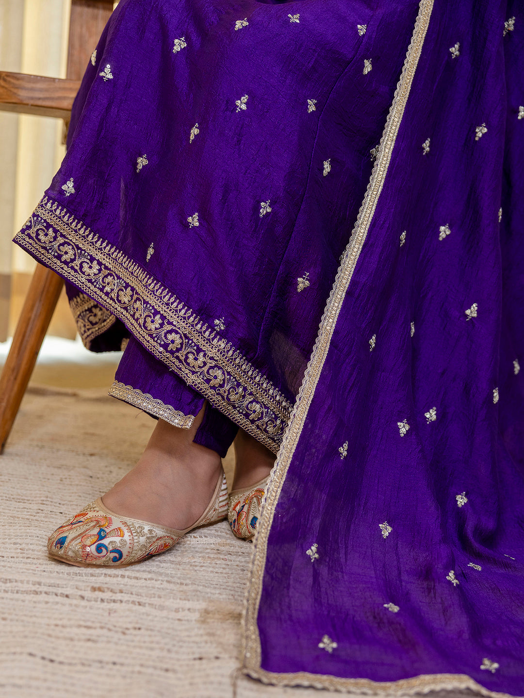 Purple Silk Blend Embroidered with Sequins Anarkali Kurta Pant Dupatta Set