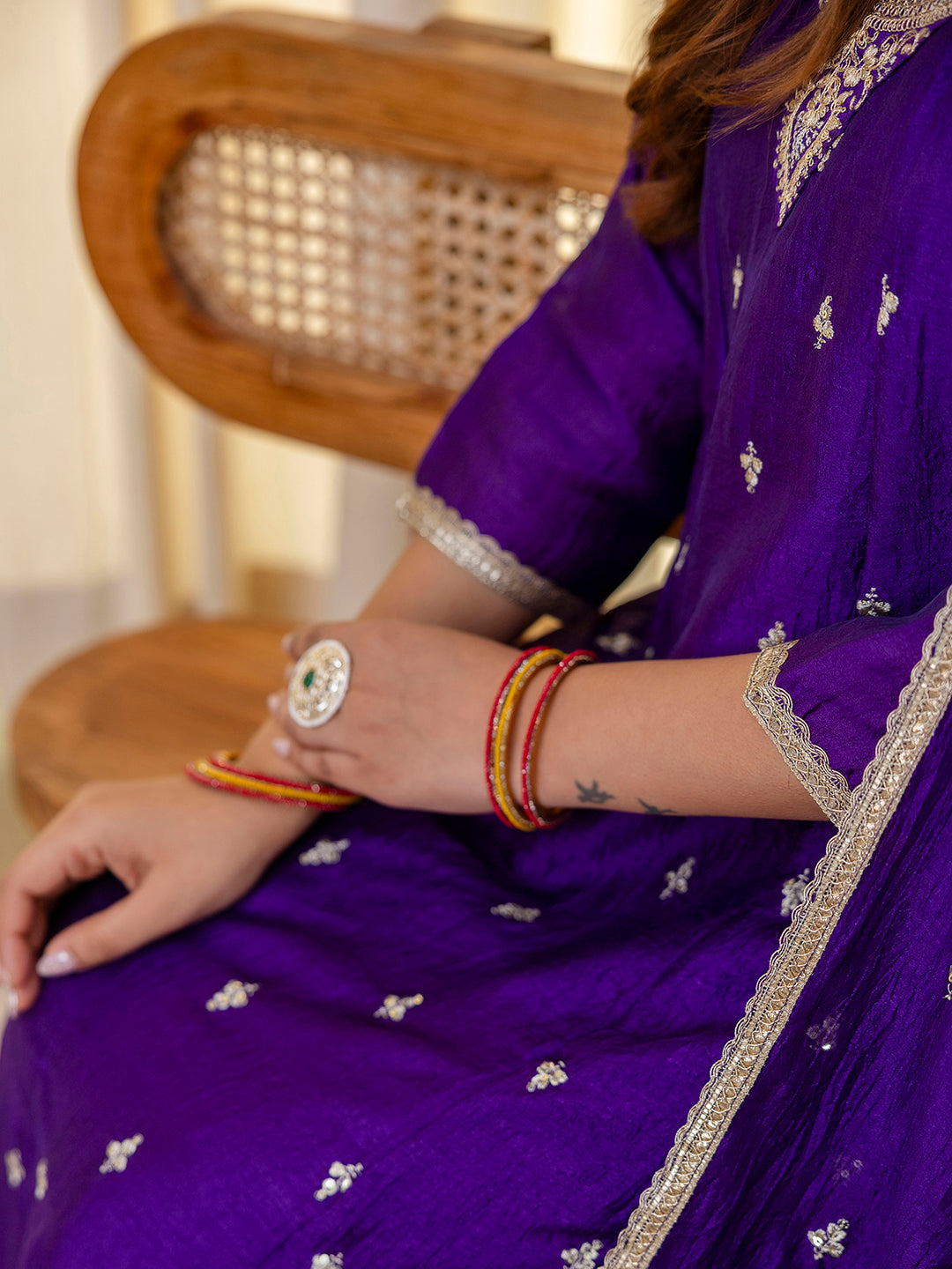 Purple Silk Blend Embroidered with Sequins Anarkali Kurta Pant Dupatta Set