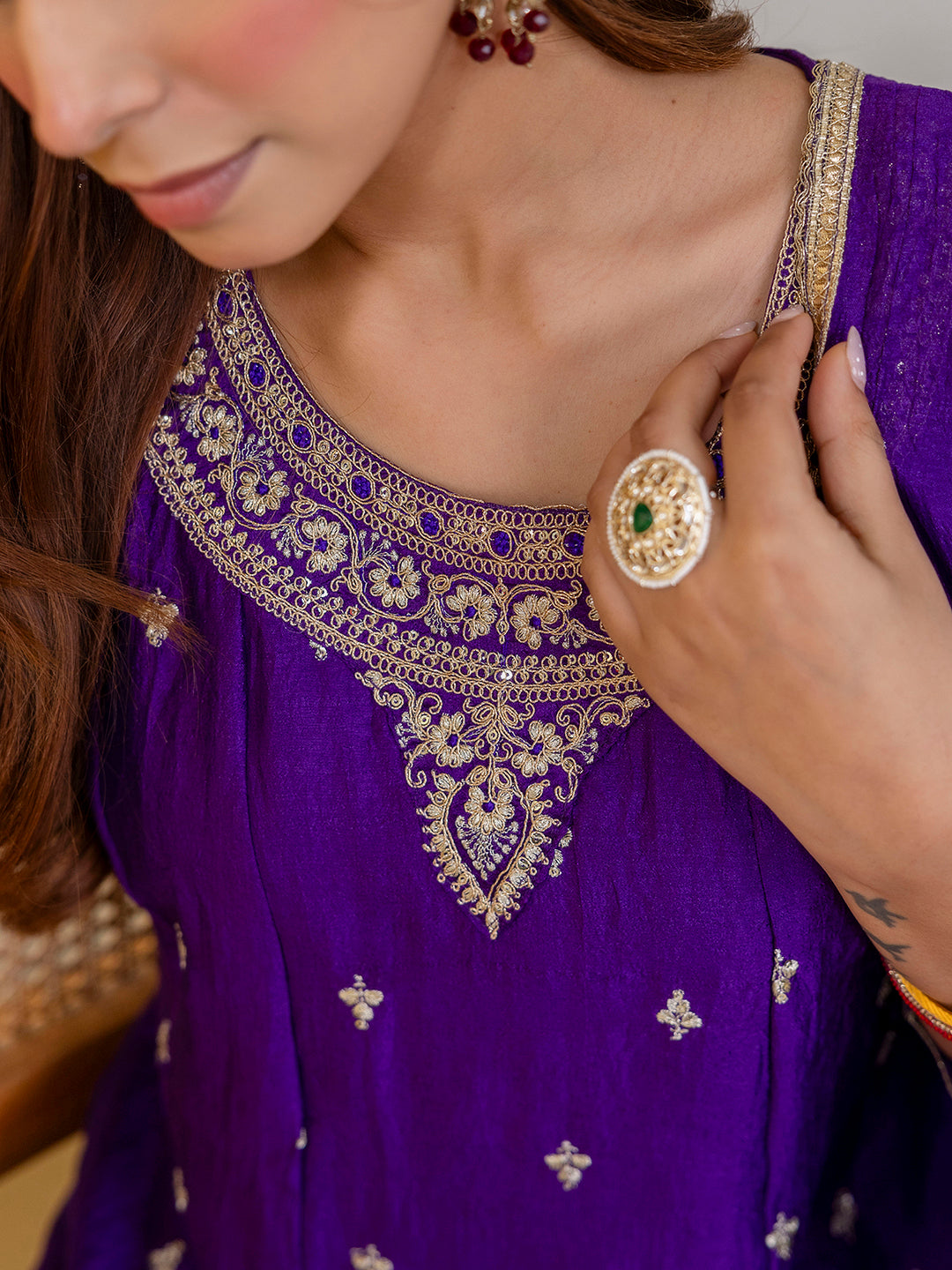 Purple Silk Blend Embroidered with Sequins Anarkali Kurta Pant Dupatta Set