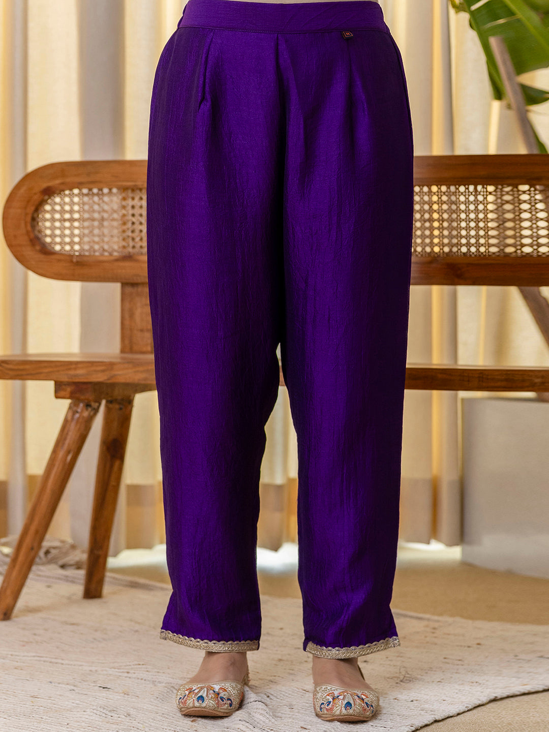 Aura Women’s Purple Festive Embroidered Yoke Straight Kurta Pant Set with Dupatta