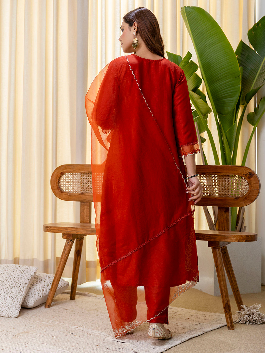 Ira Women’s Rust Festive Embroidered Yoke Straight Kurta Pant Set