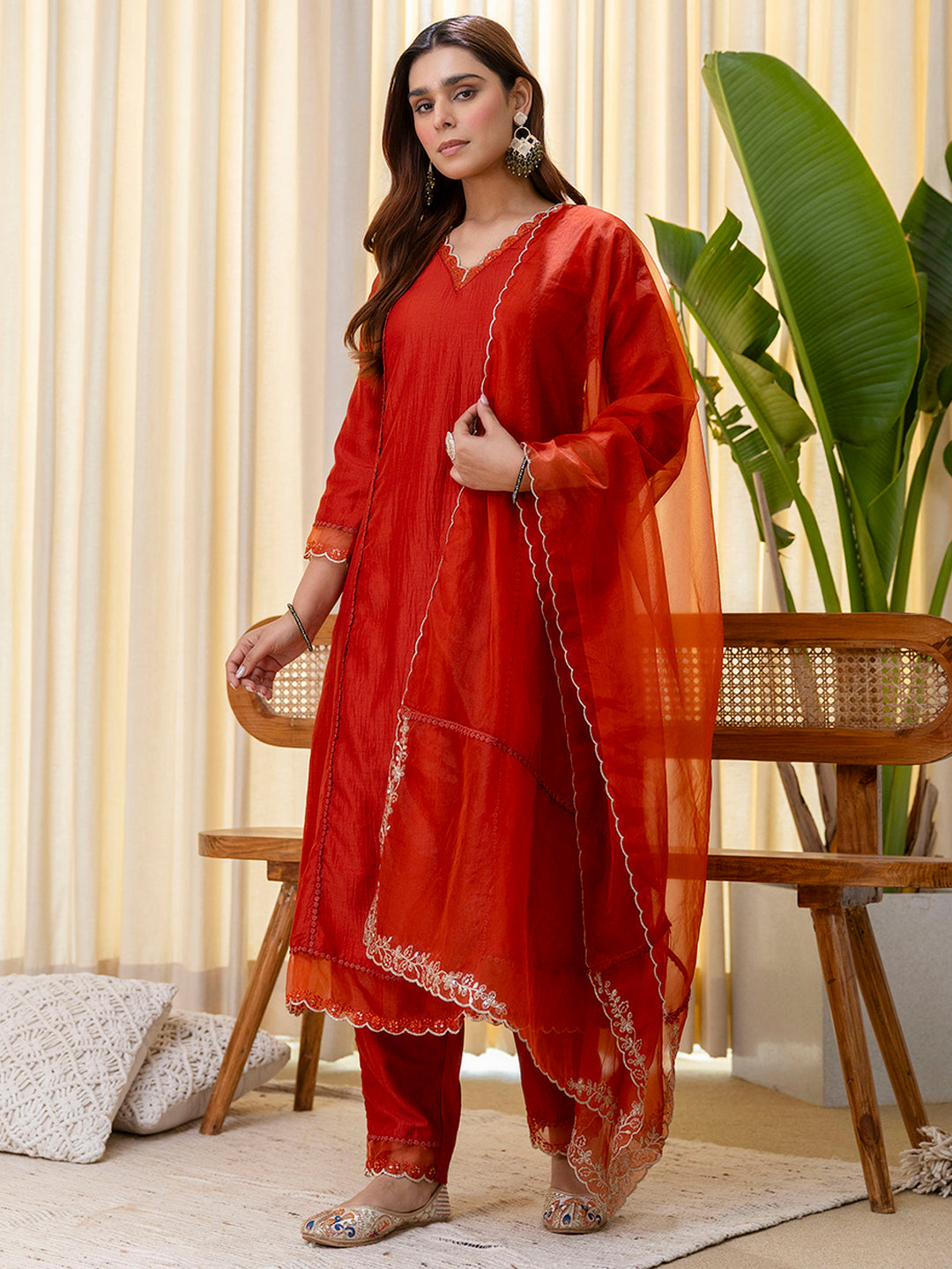 Ira Women’s Rust Festive Embroidered Yoke Straight Kurta Pant Set