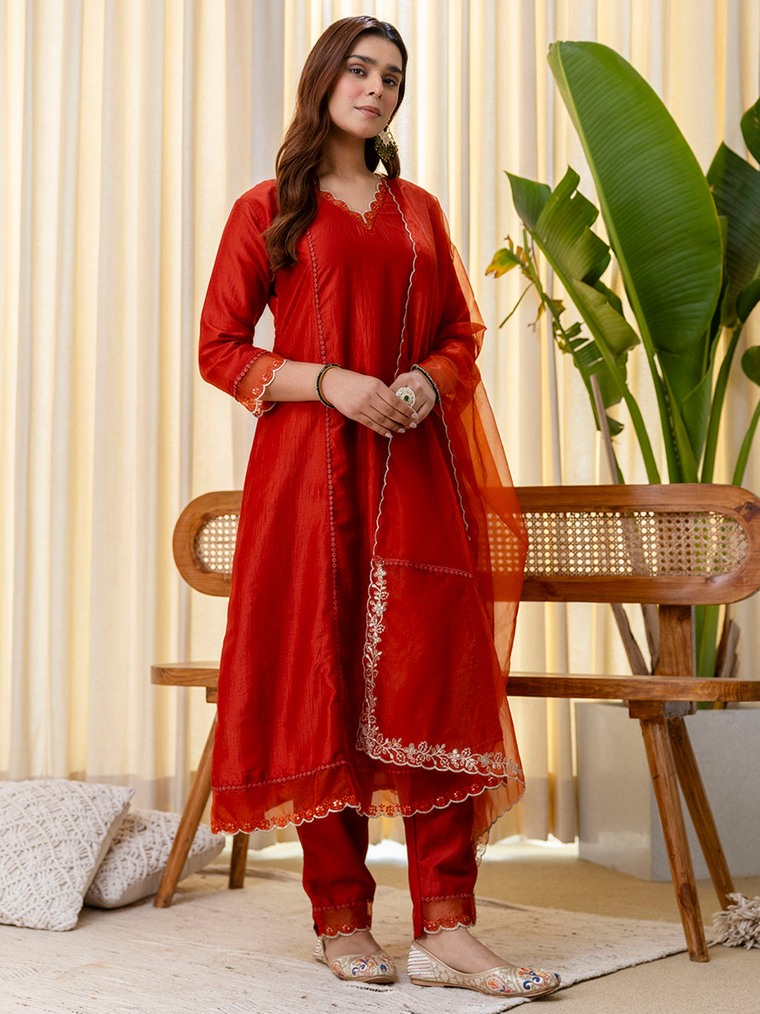 Ira Women’s Rust Festive Embroidered Yoke Straight Kurta Pant Set