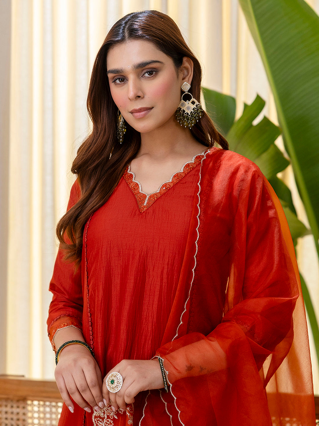 Ira Women’s Rust Festive Embroidered Yoke Straight Kurta Pant Set