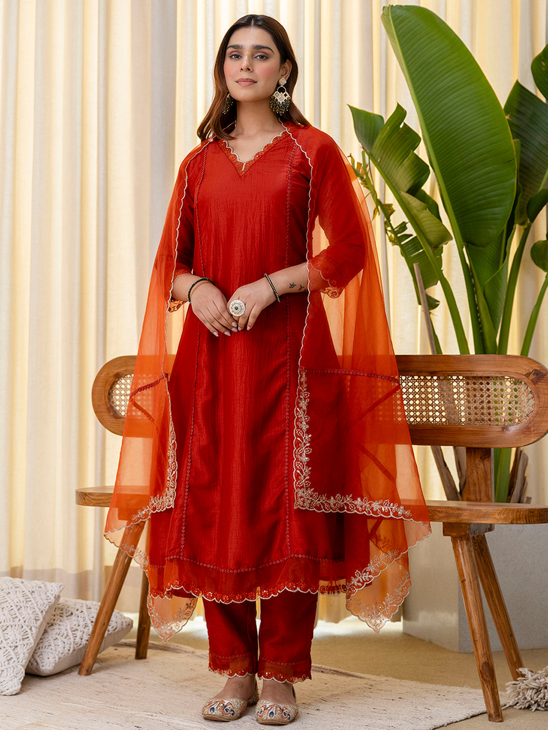 Ira Women’s Rust Festive Embroidered Yoke Straight Kurta Pant Set