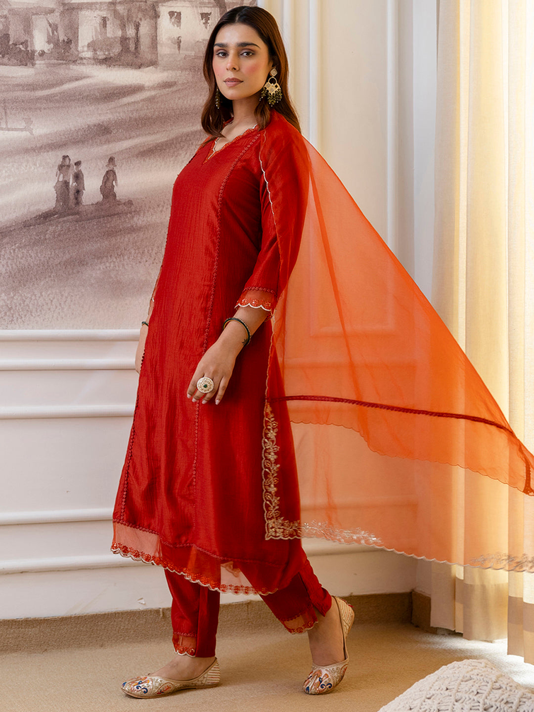 Ira Women’s Rust Festive Embroidered Yoke Straight Kurta Pant Set
