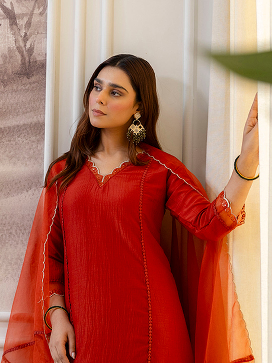 Ira Women’s Rust Festive Embroidered Yoke Straight Kurta Pant Set