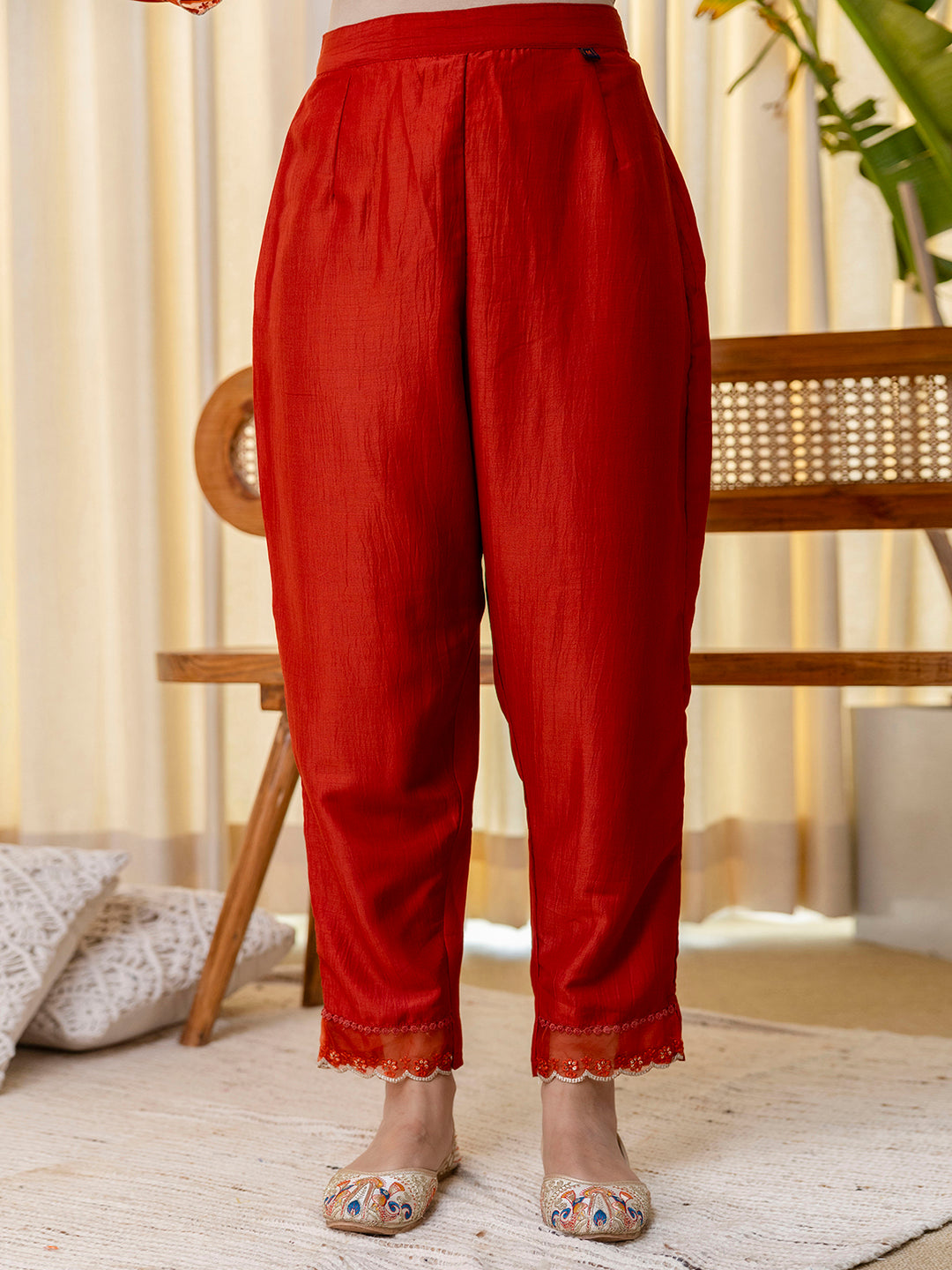 Ira Women’s Rust Festive Embroidered Yoke Straight Kurta Pant Set