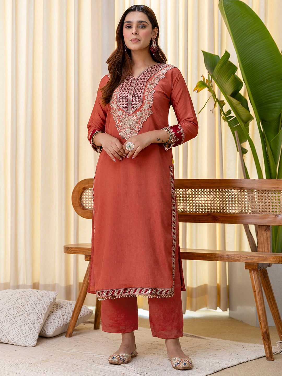 Tanuja Women's Peach Rust Straight Festive Kurta Set with Tassel Trim Dupatta