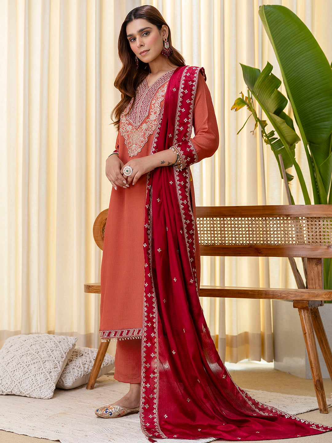 Tanuja Women's Peach Rust Straight Festive Kurta Set with Tassel Trim Dupatta