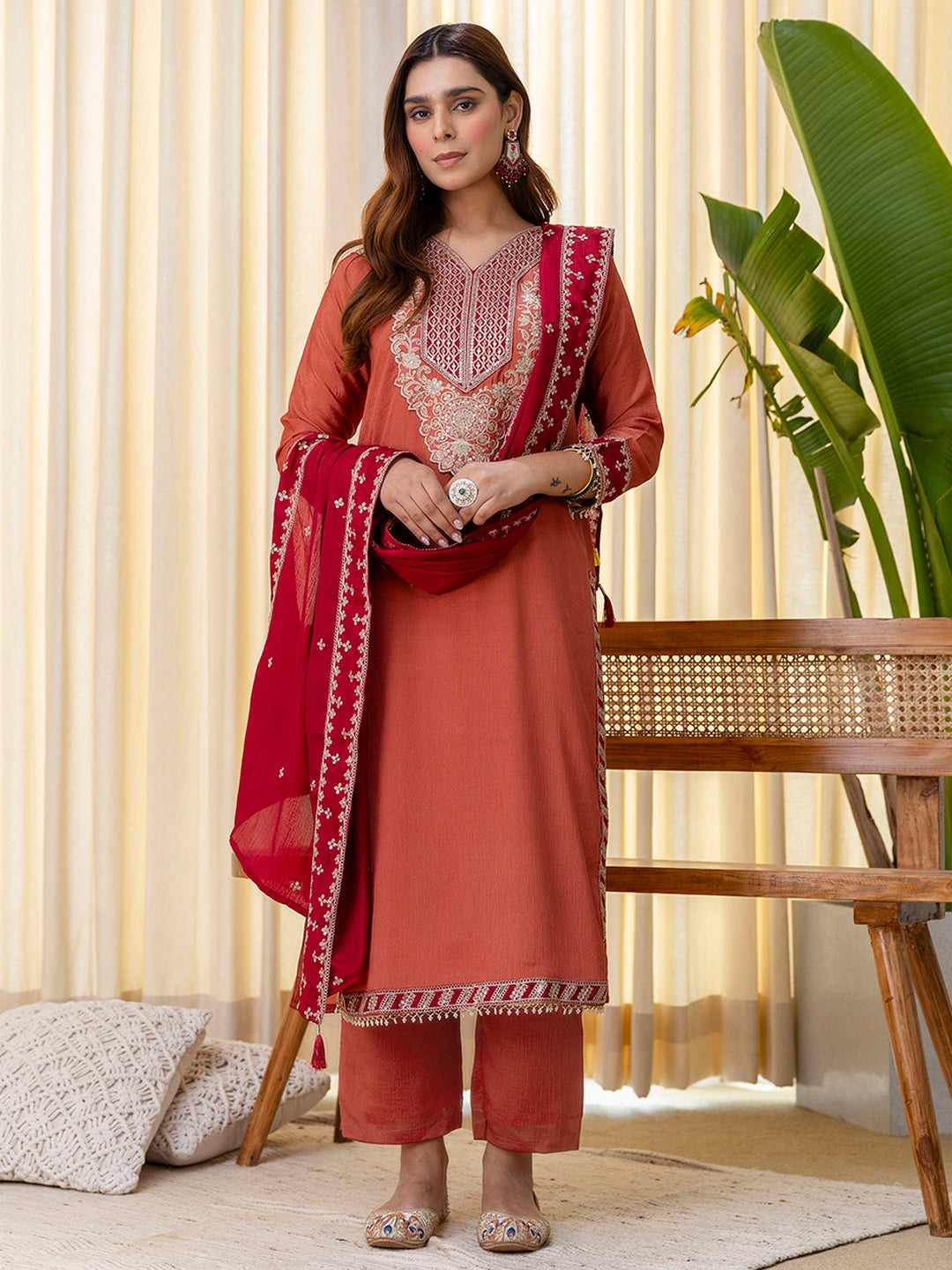 Tanuja Women's Peach Rust Straight Festive Kurta Set with Tassel Trim Dupatta