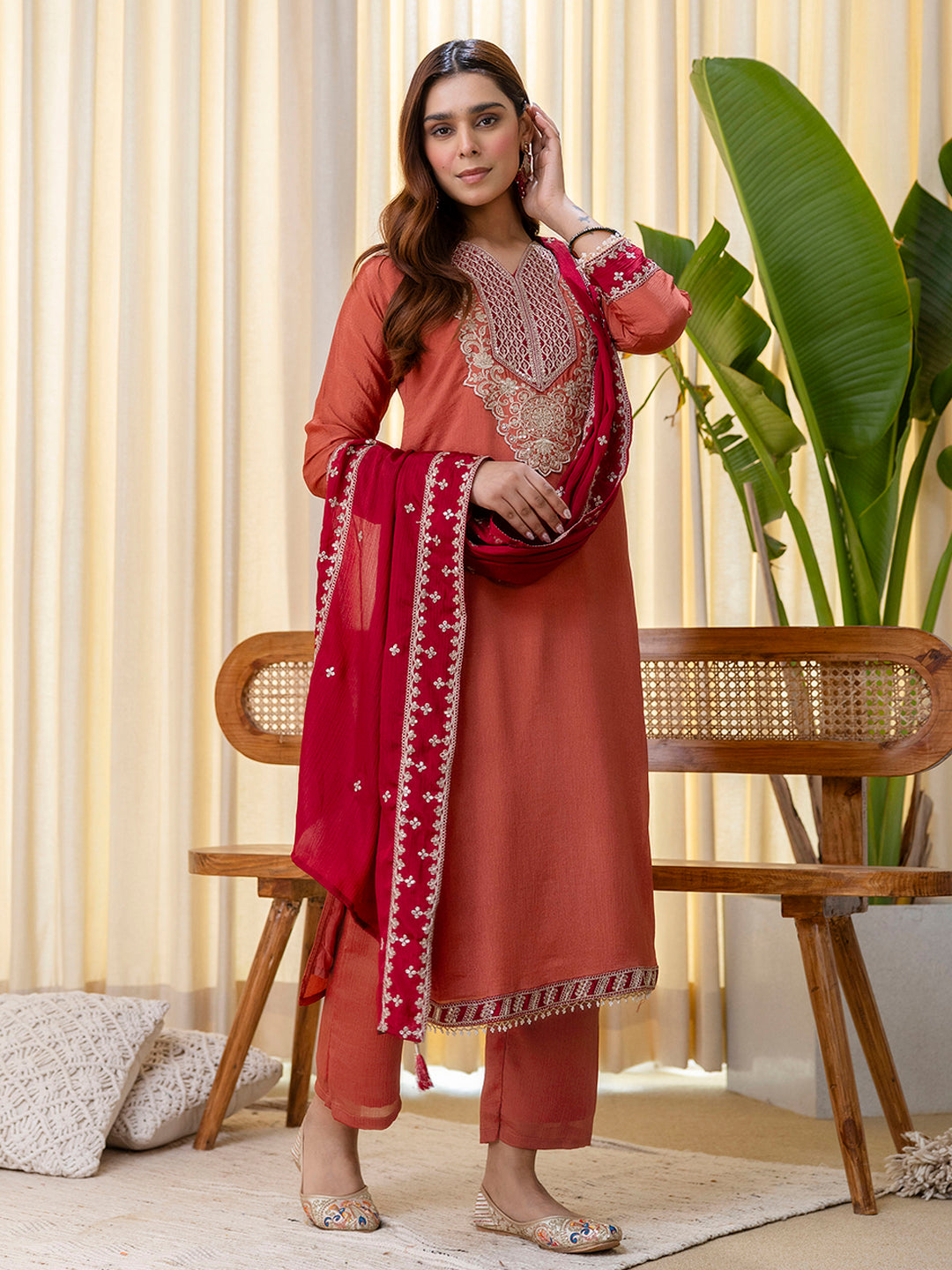 Tanuja Women's Peach Rust Straight Festive Kurta Set with Tassel Trim Dupatta