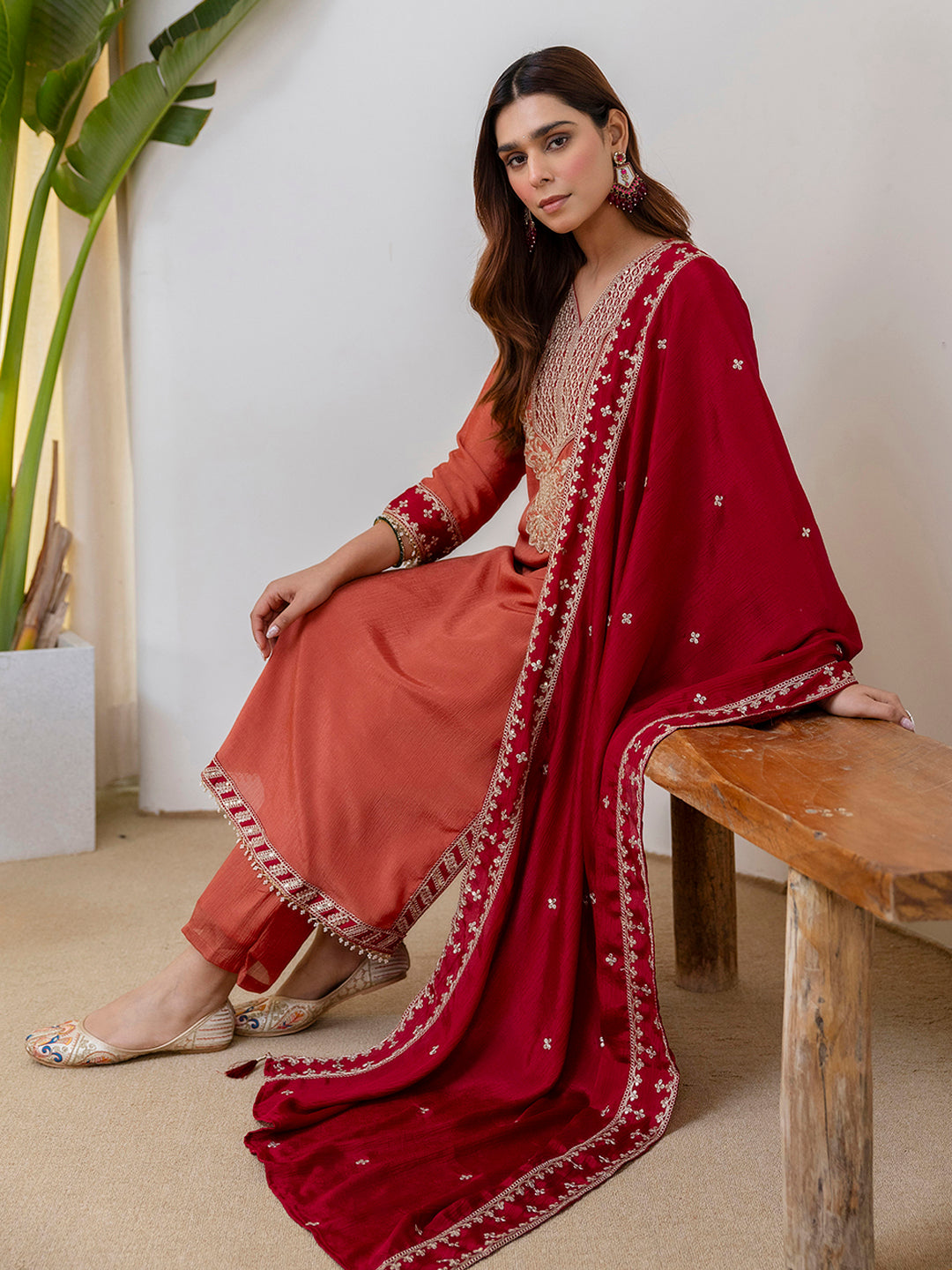 Tanuja Women's Peach Rust Straight Festive Kurta Set with Tassel Trim Dupatta
