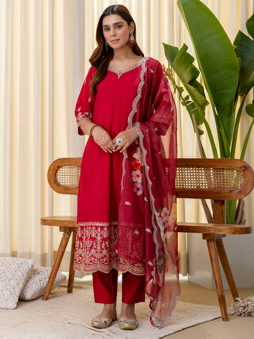 Veda Women's Cherry Red Embroidered Hem Kurta Set with Floral Organza Dupatta
