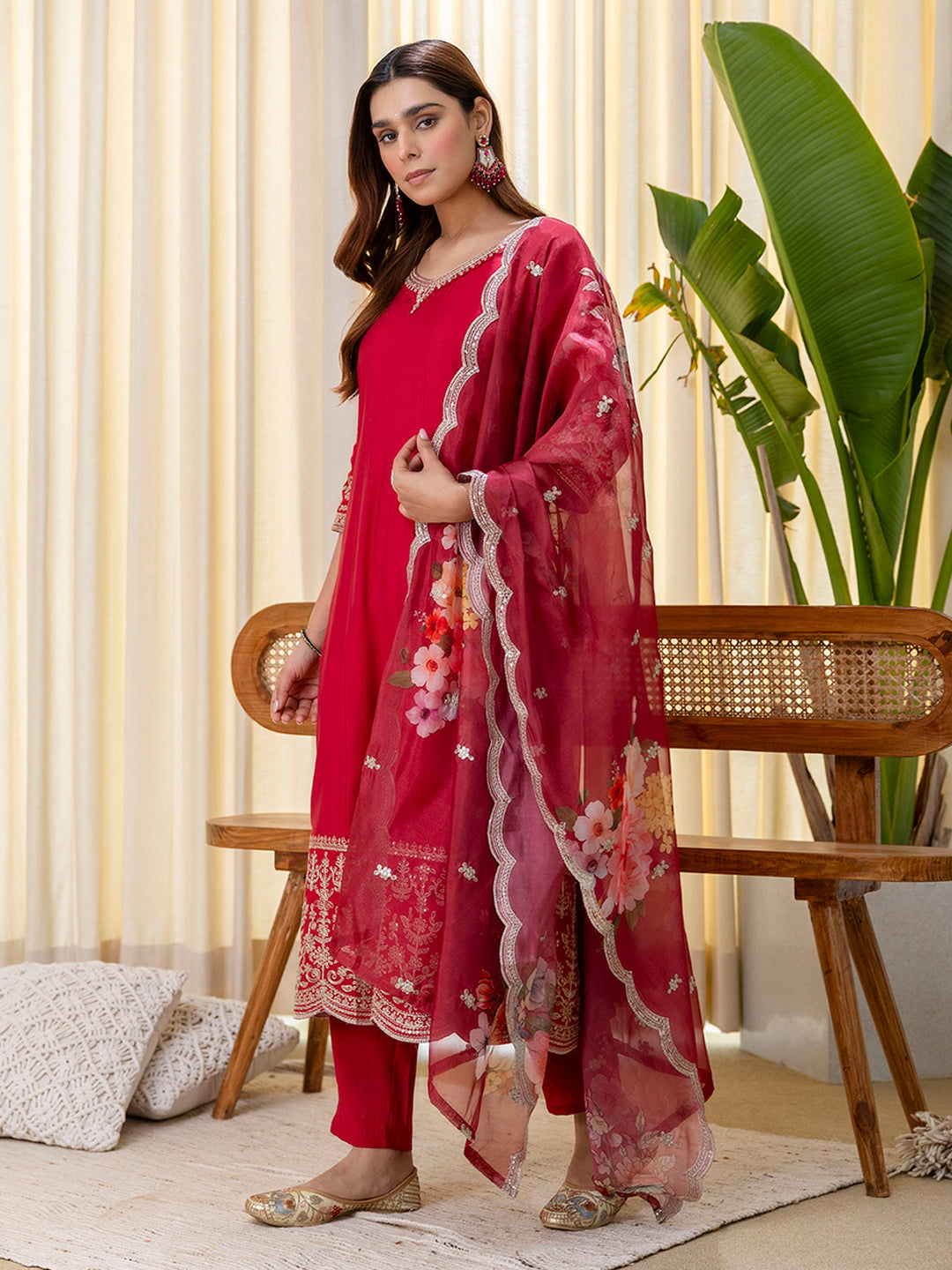 Veda Women's Cherry Red Embroidered Hem Kurta Set with Floral Organza Dupatta
