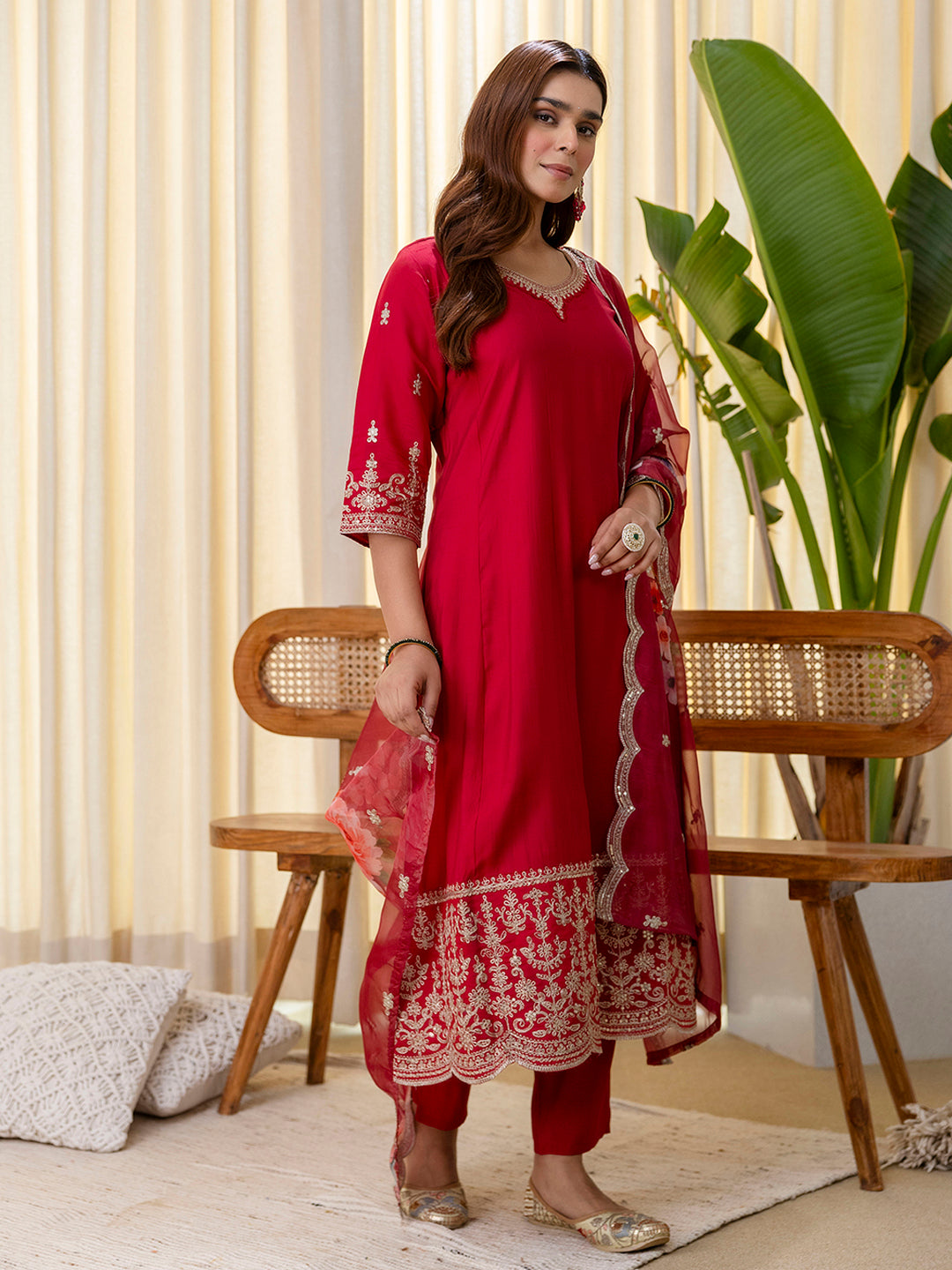 Ridhima Women's Festive Cherry Red Embroidered Hem Kurta Set with Floral Organza Dupatta