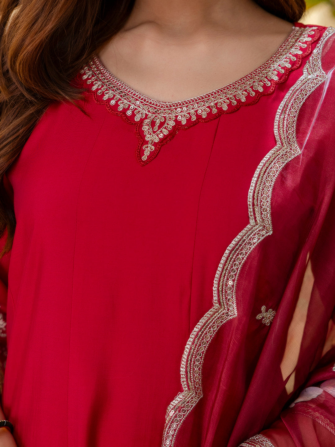 Veda Women's Cherry Red Embroidered Hem Kurta Set with Floral Organza Dupatta
