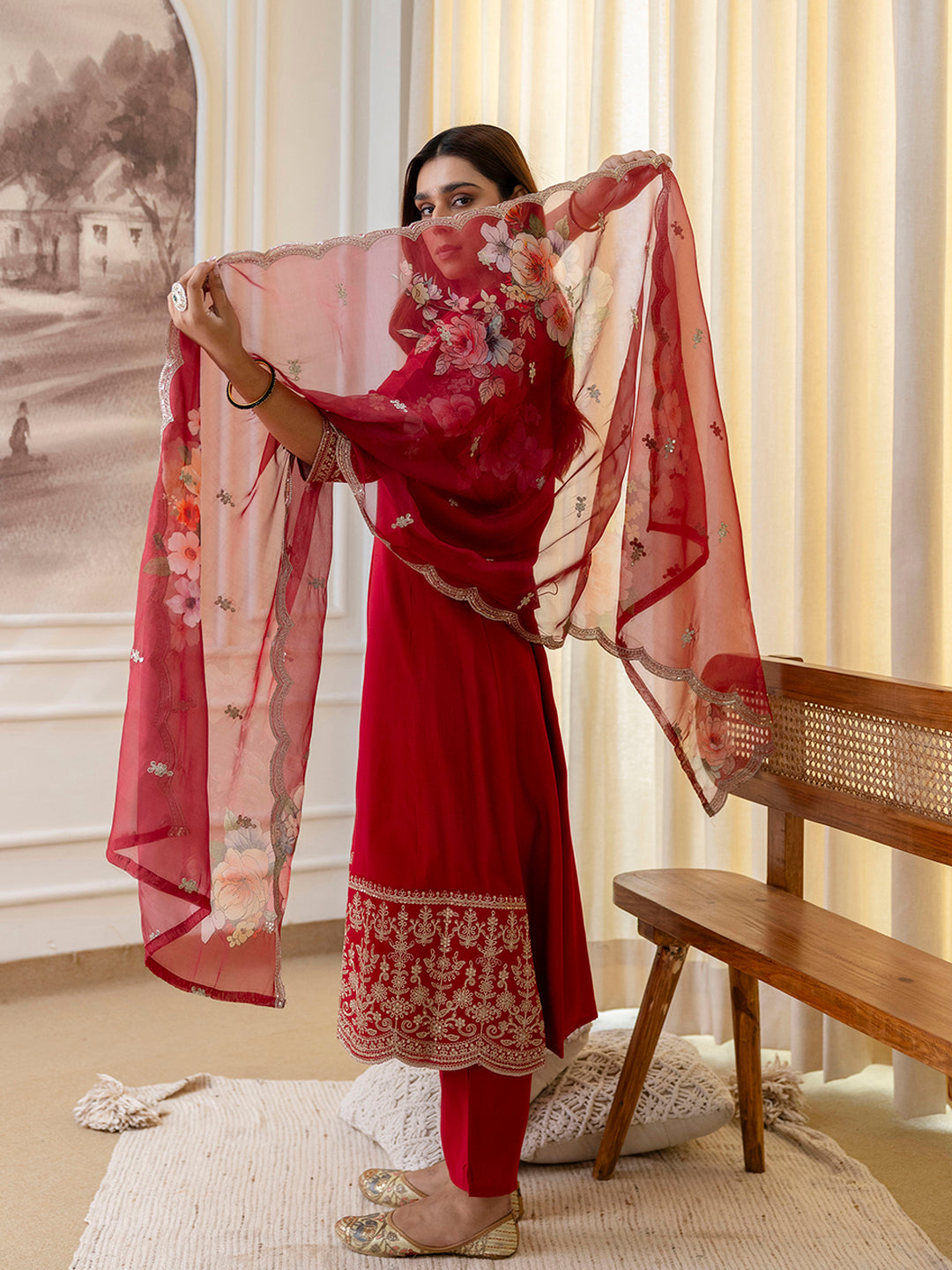 Ridhima Women's Festive Cherry Red Embroidered Hem Kurta Set with Floral Organza Dupatta