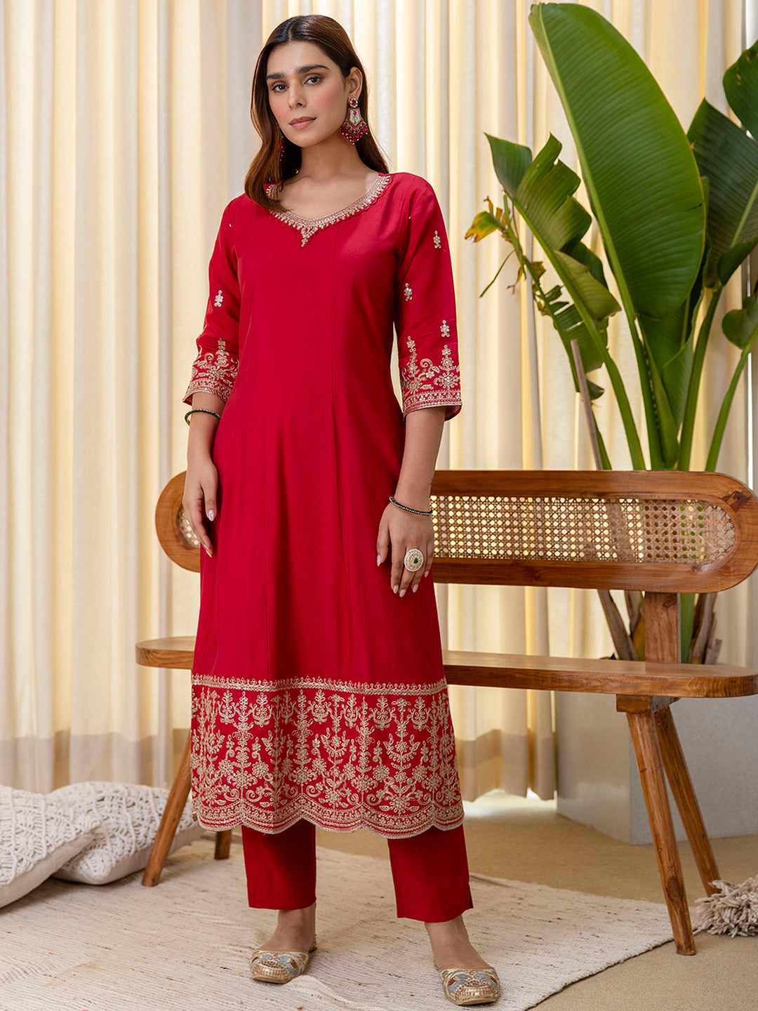 Ridhima Women's Festive Cherry Red Embroidered Hem Kurta Set with Floral Organza Dupatta