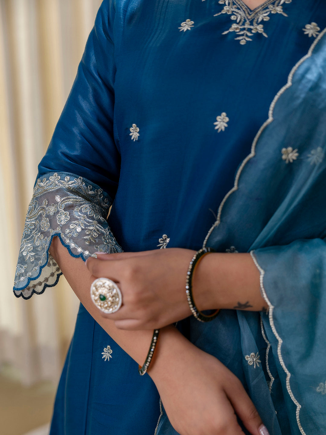 Meher Teal-blue Embroidred Kurta Sets with Sequins Work Women Suits
