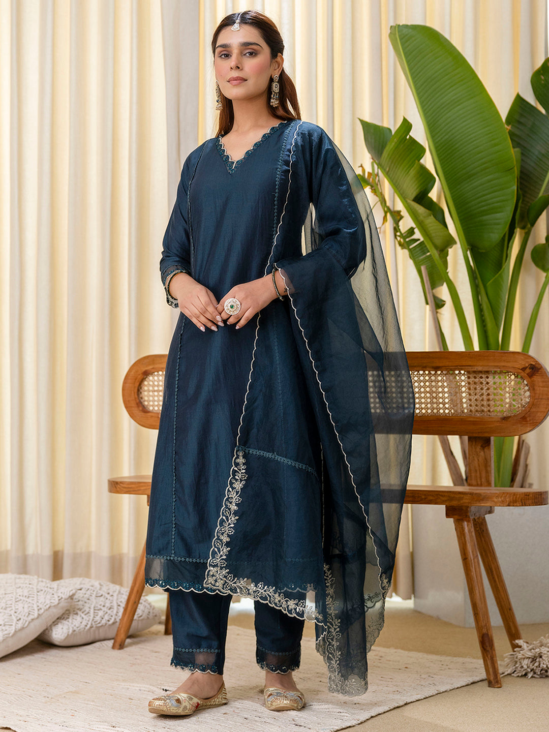 Shanaya Women’s Teal Festive Embroidered Yoke Straight Kurta Pant Set