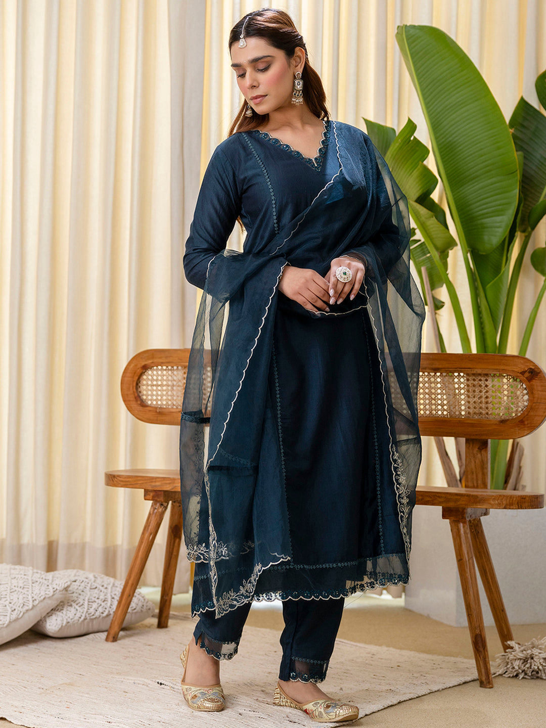 Shanaya Women’s Teal Festive Embroidered Yoke Straight Kurta Pant Set