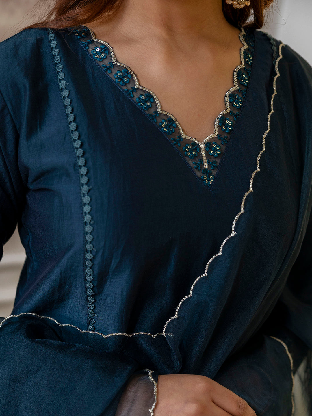 Shanaya Women’s Teal Festive Embroidered Yoke Straight Kurta Pant Set