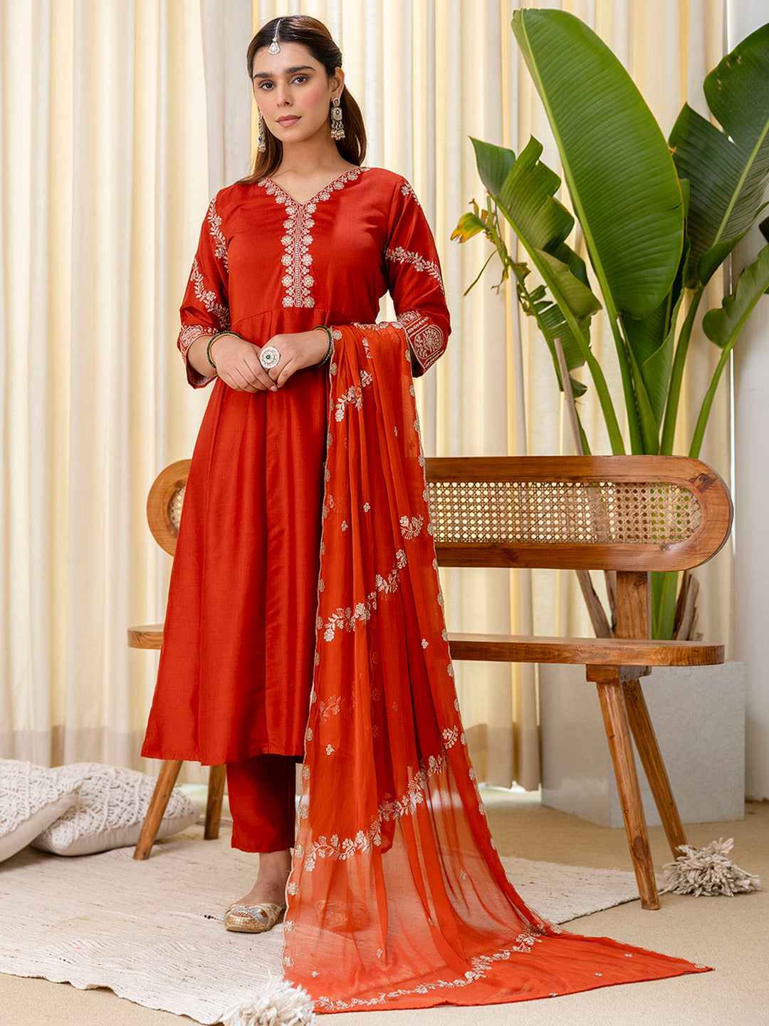 Navya Women's Rust Orange Festive Straight Kurta with Embroidered Neckline