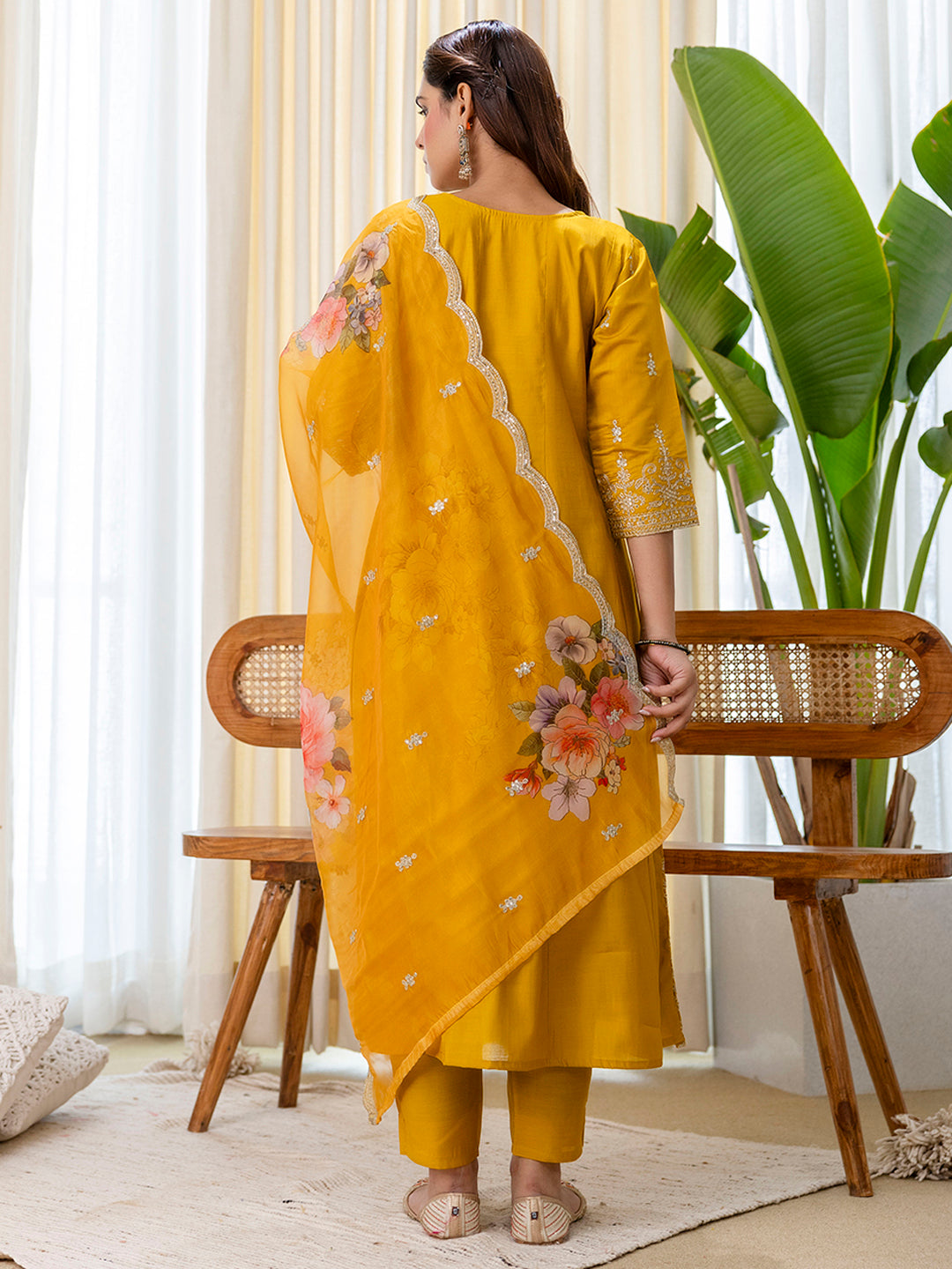 Shreya Women's Musterd Silk Blend Straight Kurta Set with Sheer Printed Dupatta