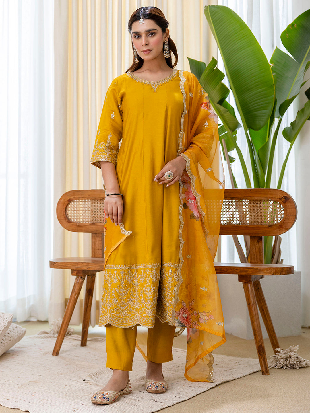 Shreya Women's Musterd Silk Blend Straight Kurta Set with Sheer Printed Dupatta