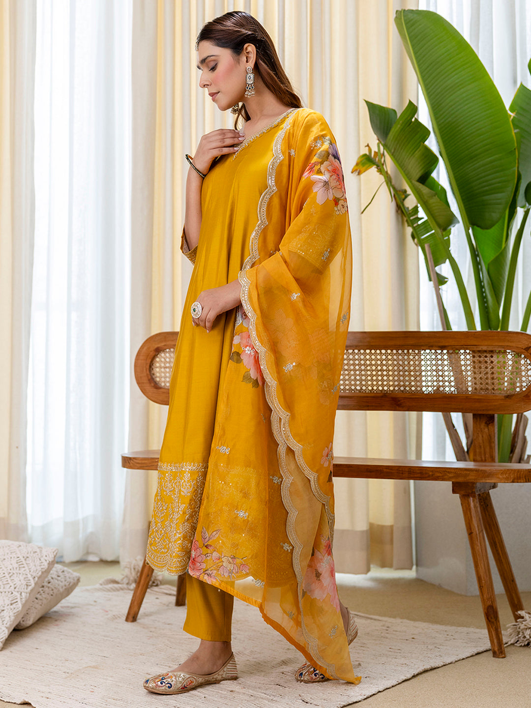 Shreya Women's Musterd Silk Blend Straight Kurta Set with Sheer Printed Dupatta